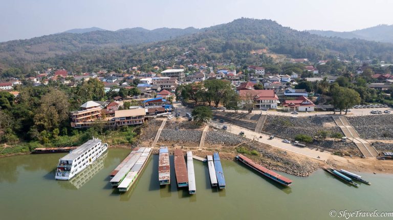 Thailand to Laos Slow Boat Aerial Drone Shot